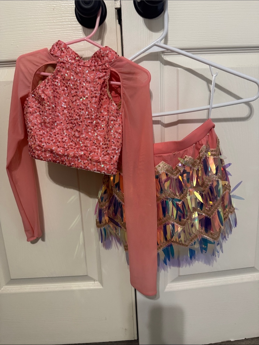 Girls' Coral Sequin Dance Costume Two-Piece Set